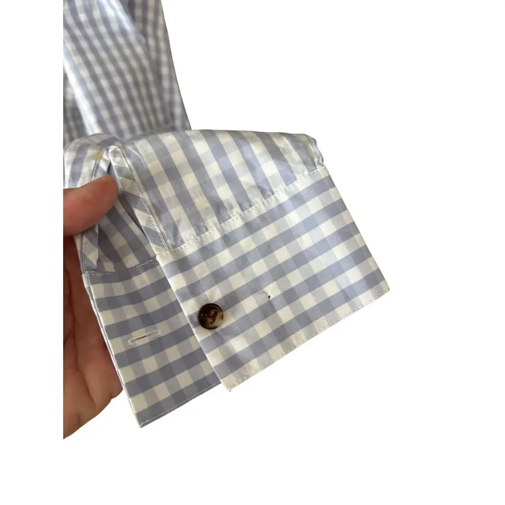 Lafayette 148 New York Poplin Button Up Shirt Blue Gingham Check Size XS FLAW